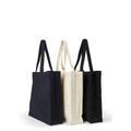 Navy, natural, and black heavy cotton canvas tote bags with long handles and structured gusset base