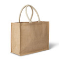 Natural jute tote bag with contrasting cream cotton handles and gusseted sides for decoration