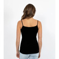 Back view of woman wearing a black merino camisole with thin adjustable straps and a smooth fitted silhouette