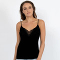 Black merino thermal camisole with lace trim neckline and adjustable spaghetti straps