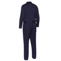 Navy work coverall with stand collar, long sleeves, and waist zip opening detail