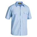 Sky blue short sleeve work shirt with dual chest pockets featuring button flaps and front placket