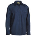 Navy long sleeve work shirt with point collar, button front, and twin chest pockets with button flaps
