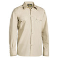 Cream long sleeve work shirt with button front closure and twin chest pockets with button flaps