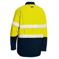 Yellow and navy two-tone FR long sleeve work shirt rear view with horizontal reflective tape bands