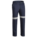 Navy denim work jeans with silver reflective tape around legs and cargo pocket detail