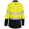 Hi-vis yellow and navy fire resistant work shirt with reflective tape, back view showing ventilation panels