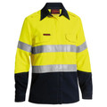 Hi-vis yellow and navy work shirt with reflective tape and black collar featuring chest pockets
