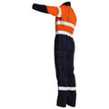 Orange and navy hi-vis FR coverall with reflective tape on chest and ankles, cargo pockets, side-angled view