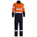 Hi-vis orange and navy coverall with silver reflective tape on chest and ankles, front zip closure and chest pockets