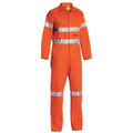 Orange hi-vis drill coverall with silver reflective tape bands on chest, arms, and legs, chest pockets, zip front