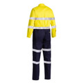 Yellow and navy hi vis drill coverall rear view with reflective biomotion tape on torso and legs