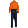Rear view of orange and navy two-tone long sleeve drill coverall with elasticated waist and back hip pockets