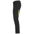 Black ripstop cargo pants with neon yellow side leg zip vents and multiple cargo pockets
