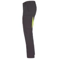 Charcoal cargo pants with neon yellow zippered leg pocket and ventilation panels