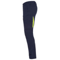 Navy ripstop cargo pants with neon yellow side stripe and ventilated leg panel detail