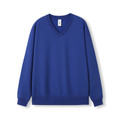 Royal blue unisex v-neck fleece sweater flat lay with ribbed cuffs and hem
