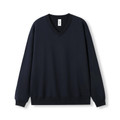 Navy fleece sweater with v-neck and ribbed cuffs on white background