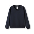 Navy kids v-neck fleece pullover sweater, flat lay, ribbed cuffs and hem, clean front panel