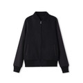Black wool blend varsity jacket with front zip, ribbed collar, cuffs and hem, and side pockets