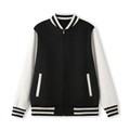 Black and white wool blend varsity jacket with contrast sleeves, striped rib collar, cuffs, and hem, zip front, flat welt pockets