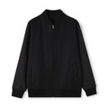 Black wool blend varsity jacket with ribbed collar, cuffs and hem, full-length zip and side welt pockets