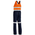 Orange and navy hi vis bib overall with reflective tape on chest and lower legs, action back, flat front panels
