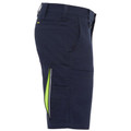 Navy cargo shorts with cargo pocket and high-vis yellow zippered leg vent detail