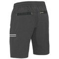 Charcoal grey cargo shorts with elastic waistband, rear pockets with yellow contrast trim, and reflective leg detail
