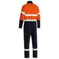 Orange and navy hi vis coverall rear view with two silver reflective tape bands on torso and ankles