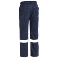 Navy cargo pants with white reflective tape at knees and multiple cargo pockets with contrast stitching