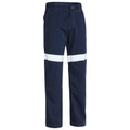 Navy fire resistant work pants with white reflective tape band across both legs, flat front and utility pocket