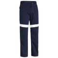 Navy blue flame resistant work pants with horizontal white reflective tape at knees
