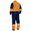 Orange and navy hi-vis coverall with silver X-back reflective tape and horizontal leg taping, rear view