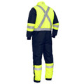 Hi-vis freezer coverall with navy body, fluorescent yellow panels, crossed silver reflective tape on back and leg bands
