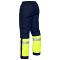 Navy and yellow hi vis freezer pants with reflective tape bands on lower legs, elastic waist, rear view