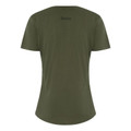 Olive green women's cotton t-shirt with curved hem and back neck branding detail