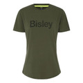 Women's olive green cotton crew neck tee with large dark olive branded chest logo print, flat lay