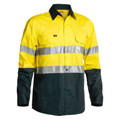 Hi-vis work shirt with yellow upper body, reflective tape, bottle green lower section and black collar