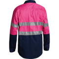 Hot pink and navy hi-vis work shirt with silver reflective tape across back, rear view showing colour block design