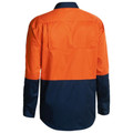 High visibility work shirt in orange and navy with contrasting collar and lower sleeves, back view showing utility pocket