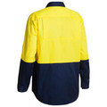 Hi-vis yellow and navy long sleeve work shirt with contrast collar and chest pocket panel shown from back
