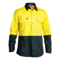 Hi vis work shirt in yellow and bottle green with dual chest pockets and contrast collar