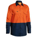 Hi-vis long sleeve work shirt in orange and navy two-tone with button front, chest pockets and contrasting collar