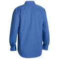 Royal blue long sleeve men's work shirt, rear view showing box pleat and button cuffs