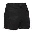 Black women's stretch work shorts rear view, belt loops, back patch pocket, gold rivet detail, cuffed hem