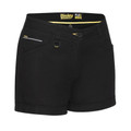 Black mid-rise work shorts with rolled cuffs and zippered pocket detail