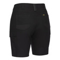 Black women's cargo work shorts rear view showing cargo pocket, twin back pockets and yellow Bisley tab