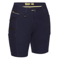Navy women's mid-rise cargo work shorts with contrast black side pocket, zip hip pocket, and button fly