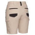 Stone cargo shorts with charcoal contrast pocket trim and utility side pockets on leg